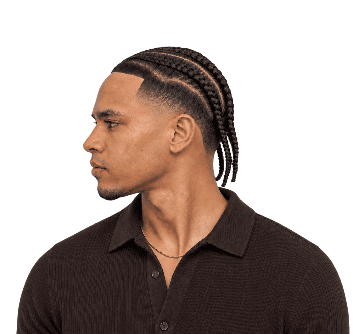 Straight-back cornrows with a low taper fade